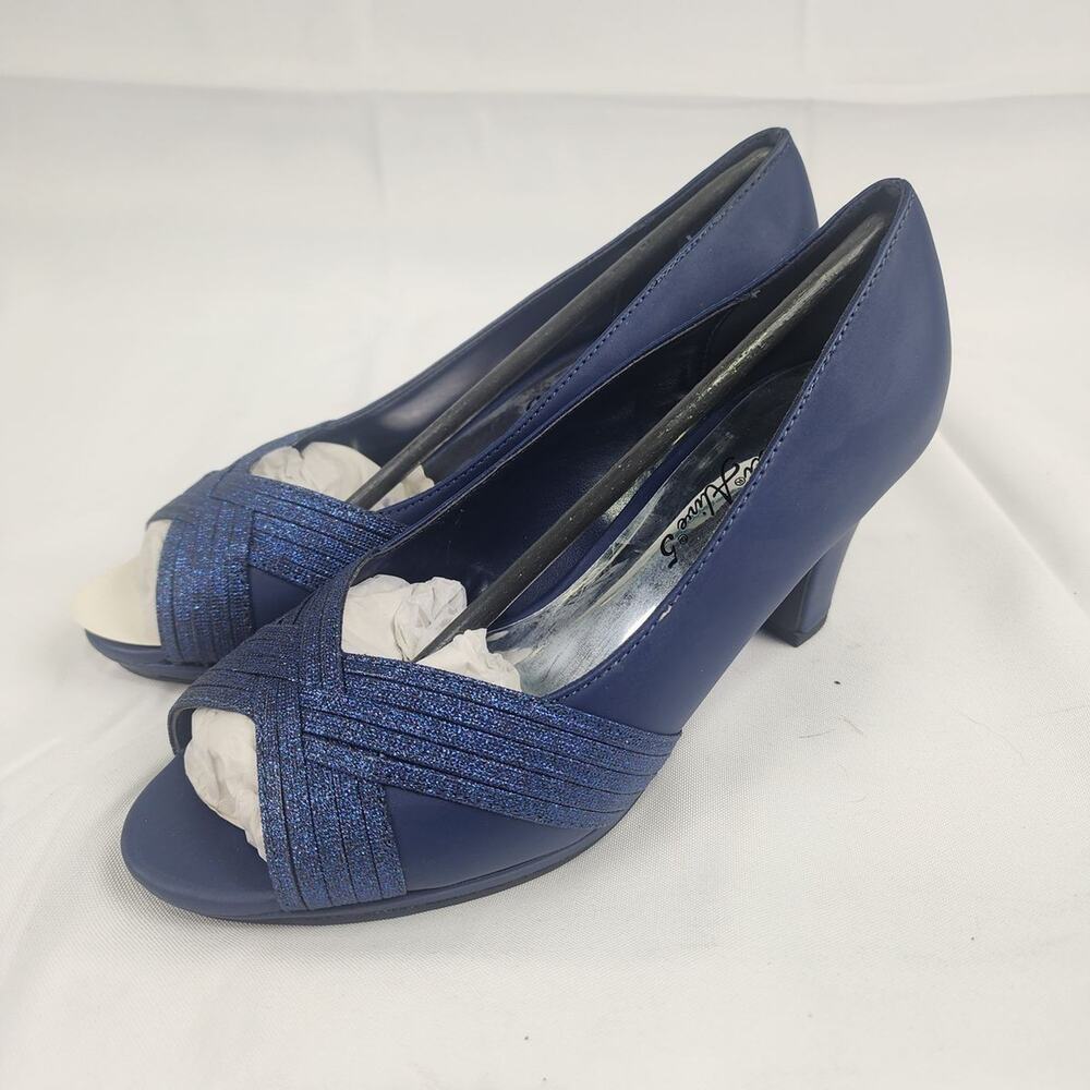 Easy Street Alive 5 Lavish Navy Glitter Peep Toe Pumps Heels Women's 7.5W